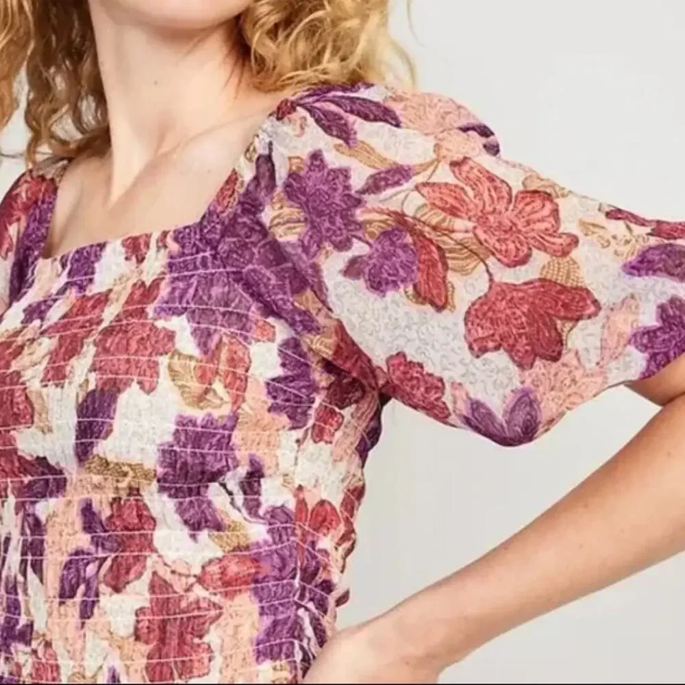 Old Navy Fitted Puff-Sleeve Smocked Top Autumn Leaves Size L